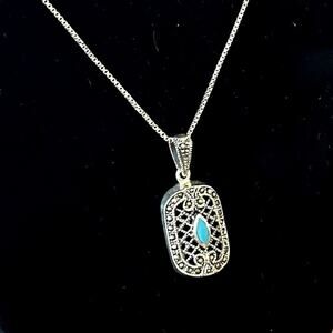 Vintage Deco Sterling Silver, Marcasite, Turquoise Pendant Necklace